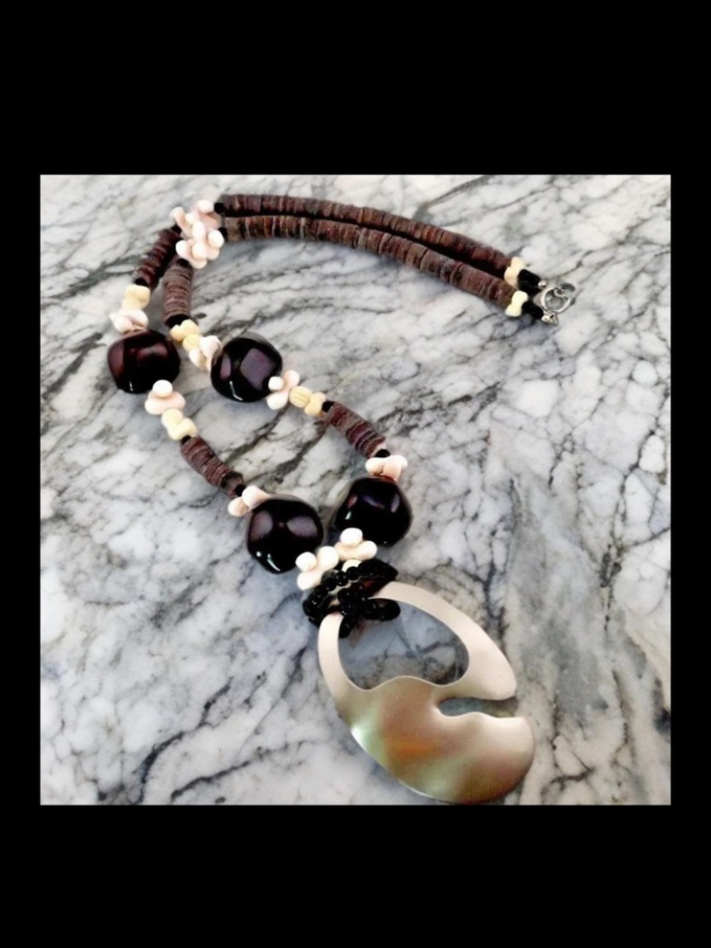 Polynesian Statement Heishi Coral Shell Kukui Nut Metal Pendant Necklace 28"
